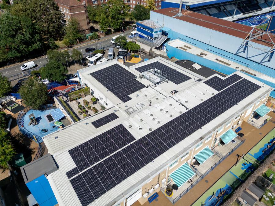 Aerial view of the solar panel covered roof of Jack Tizard school in White City