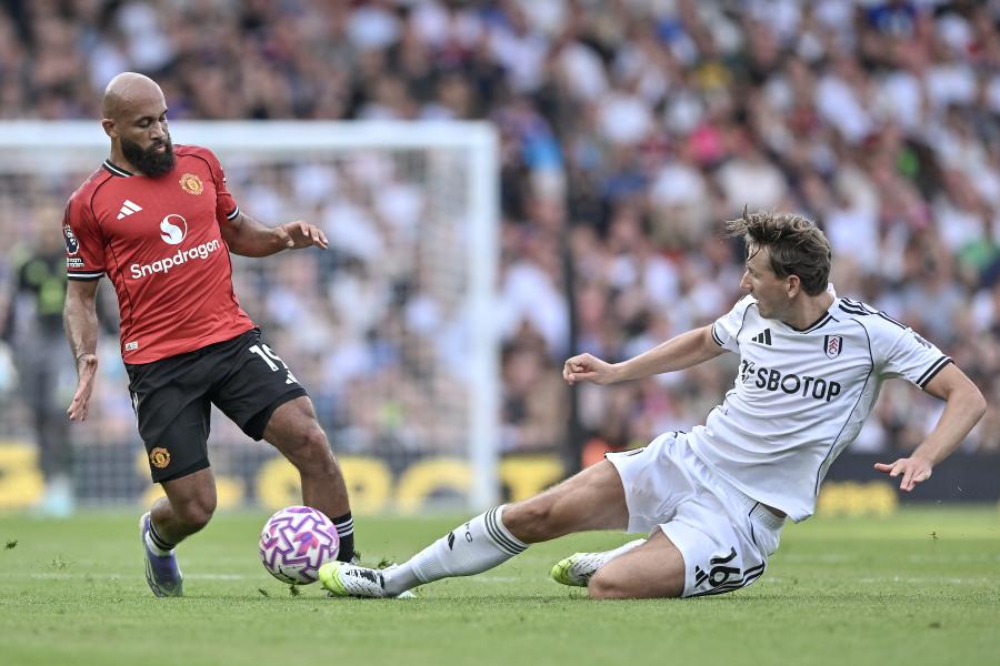 Bryan Mbeumo is tackled by Sander Berge