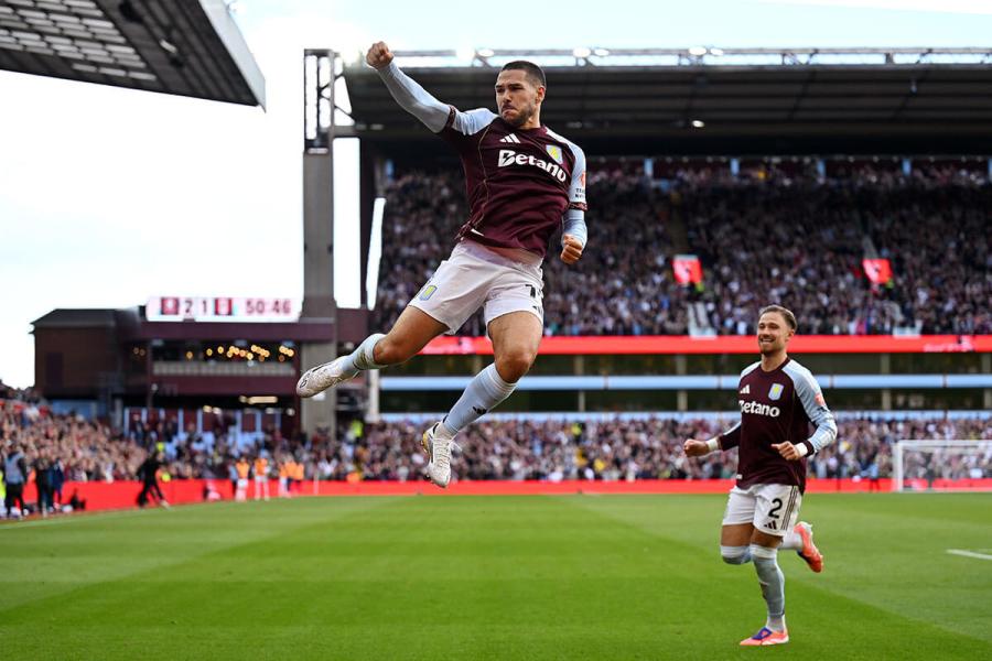 Emiliano Buendia celebrates his goal