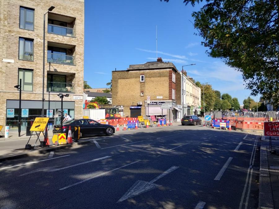 Roadworks near the double roundabout at Seven Stars Corner in Goldhawk Road