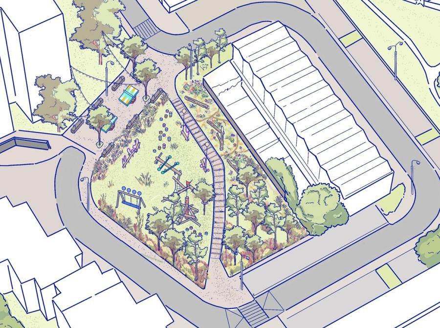 Architects drawing showing proposed redesign of Ivatt Place Playground.