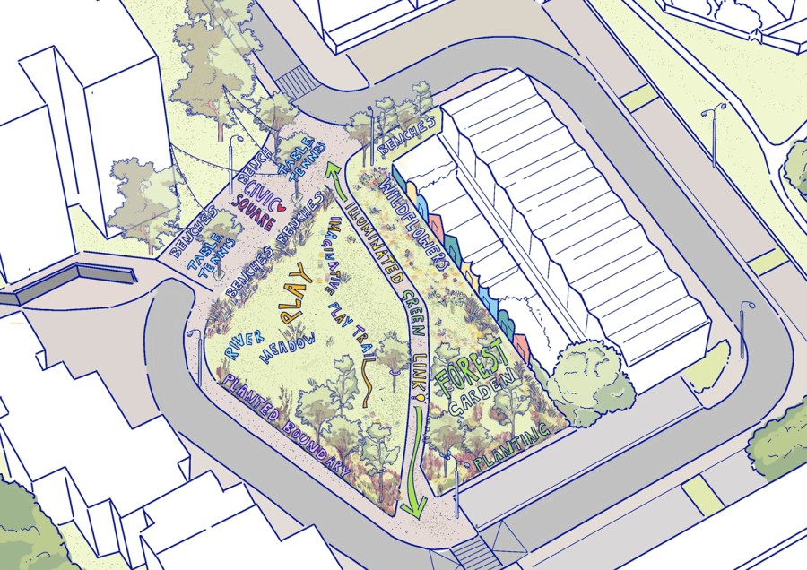 Architects drawing showing proposed redesign of Ivatt Place Playground.