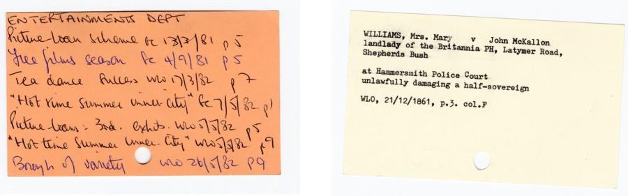 Index cards are uniform in size but come in a variety of colours and styles. They can be handwritten or typed or a combination of both. handwritten information, the other is a cream card with typed information.