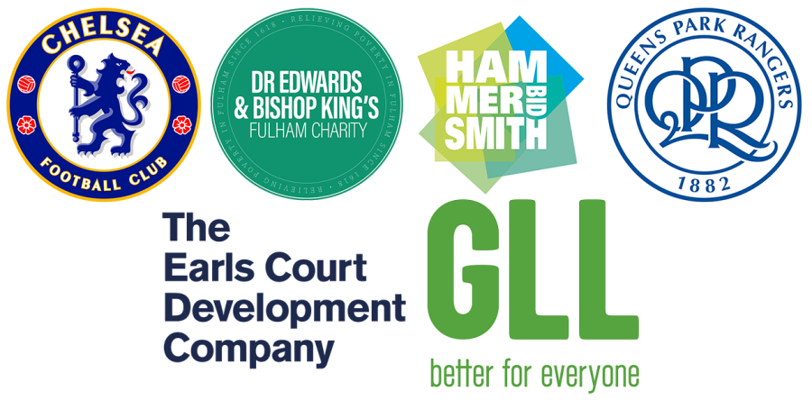 Logos for Chelsea Football Club, Dr Edwards &amp; Bishop's King, Hammersmith BID, Queen's Park Rangers, The Earls Court Development Company and GLL