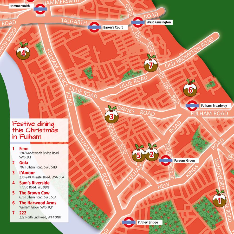 Graphical map illustrating the locations of festive dining locations in Fulham. Address details are written in text following the image