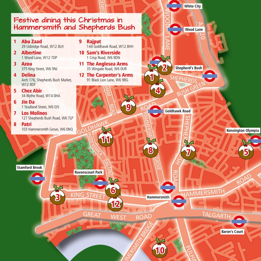 Graphical map illustrating the locations of festive dining locations in Hammersmith and Shepherds Bush. Address details are written in text following the image