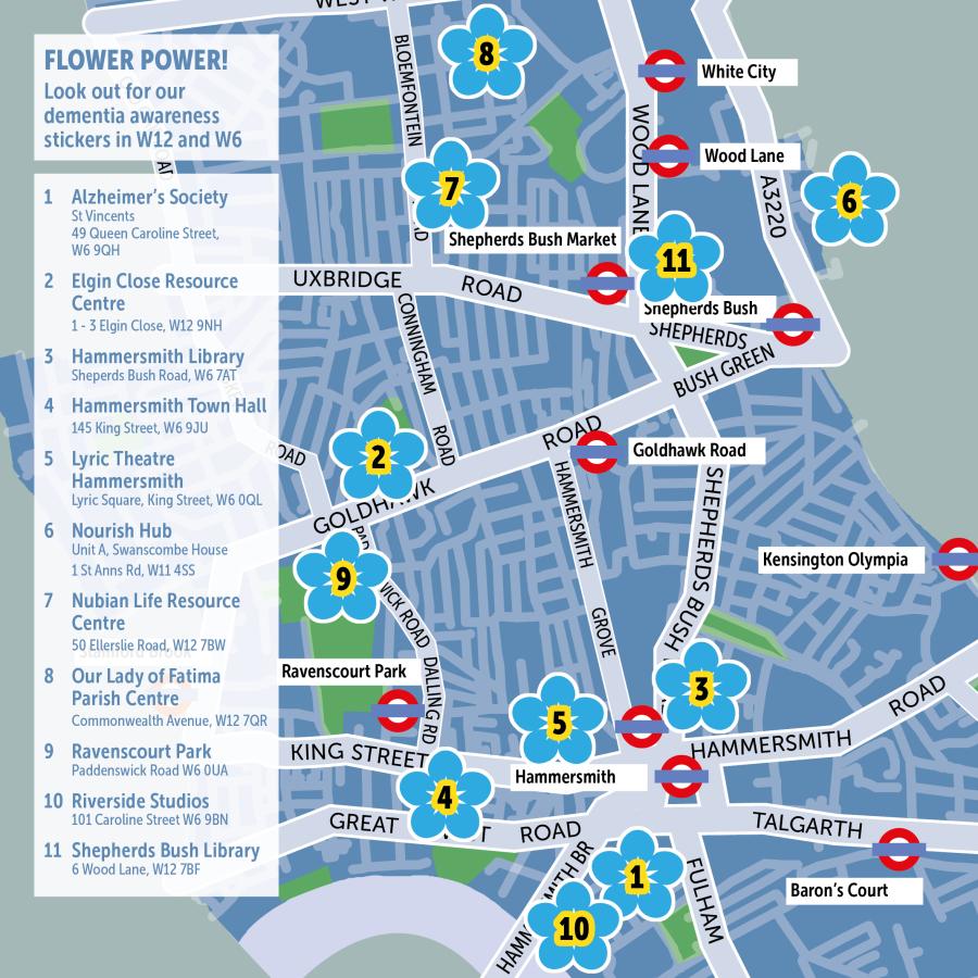 A map of Shepherds Bush and Hammersmith marking where 11 stickers are placed