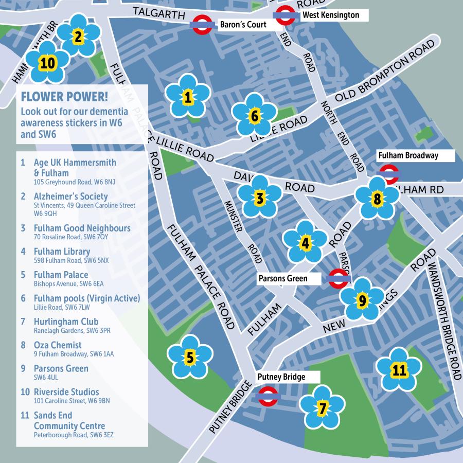 A map of Hammersmith and Fulham marking where 11 stickers are placed