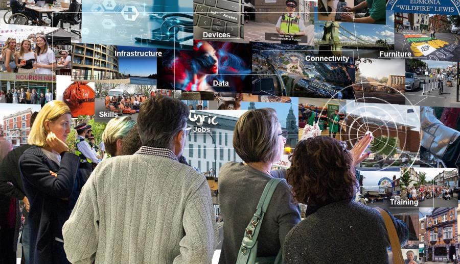 People standing infront of a large photo montage image of various scenes from around Hammersmith &amp; Fulham to illustrate some key themes of inclusion including infrastructure, devices, connectivity, skills and training, jobs and more.