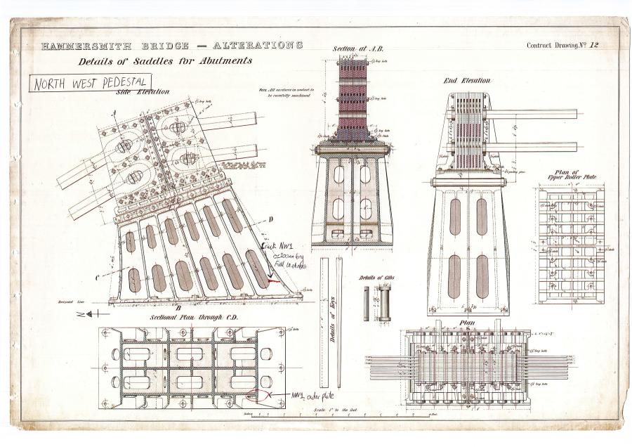 Original Bazalgette architectural drawing showing sections of Hammersmith Bridge