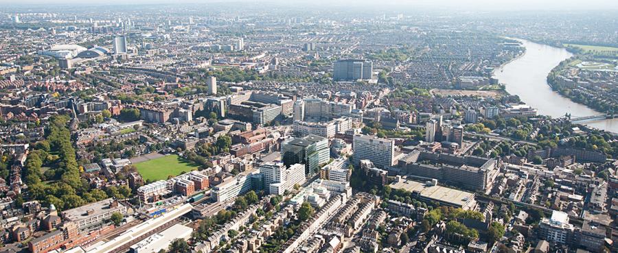 An aerial view of the borough of Hammersmith &amp; Fulham looking South with the Thames to the right of the picture.