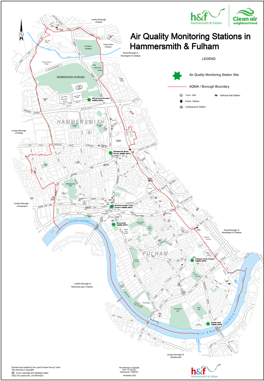 Map showing the locations of six air quality monitoring stations in Hammersmith &amp; Fulham