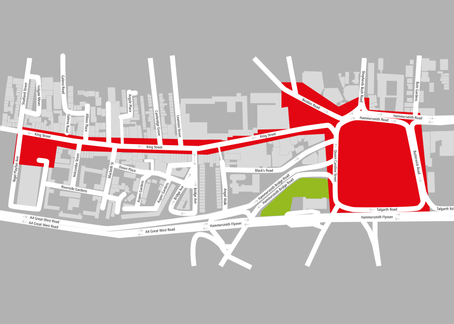 A map showing the extent of the PSPO from Nigel Playfair Avenue in the west, east along the length of King Street to Lyric Square and Hammersmith Broadway and encompassing the roads that make up Hammersmith Broadway.