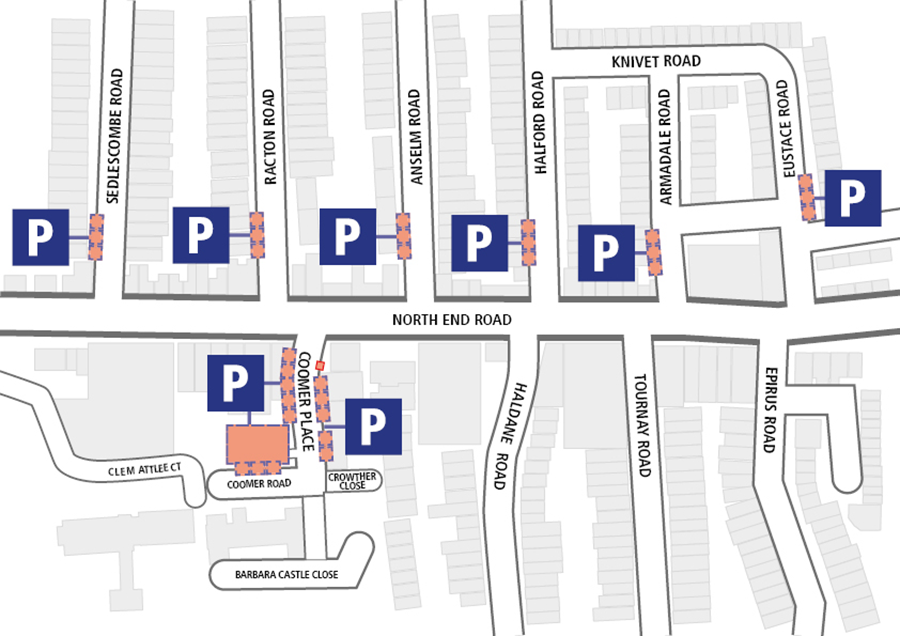 Diagram showing location of parking bays close to North End Road. Selcombe Road, Racton Road, Anselm Road, Halford Road, Armadale Road and Eustace Road to the north. Coomer Place to the south.