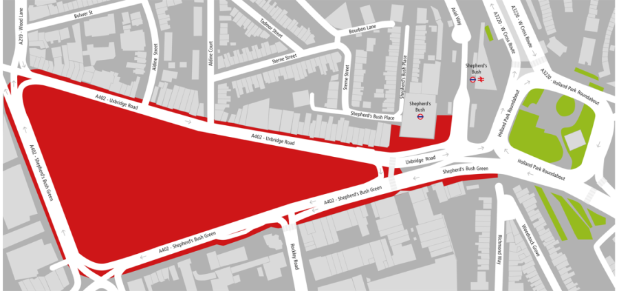 A map showing the area covered by the PSPO, this extends to the roads bordering the north, west and south sides of Shepherds Bush Green, the area in front of Shepherds Bush Station and the area outside the W12 shopping area up to Holland Park roundabout.