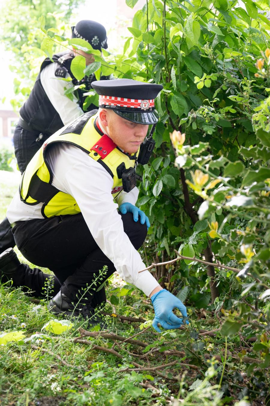 LET officers carrying out a weapons sweep by searching under bushes in a local park.